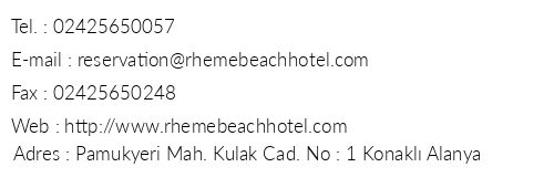 Rheme Beach Otel telefon numaralar, faks, e-mail, posta adresi ve iletiim bilgileri